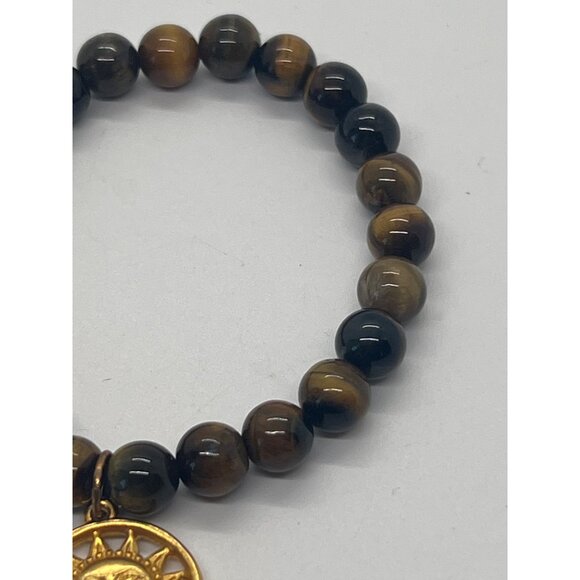 Tigers Eye Stretch Bracelet Gold Tone Sun Pendant Face Sitting at 6.50" - Picture 3 of 5